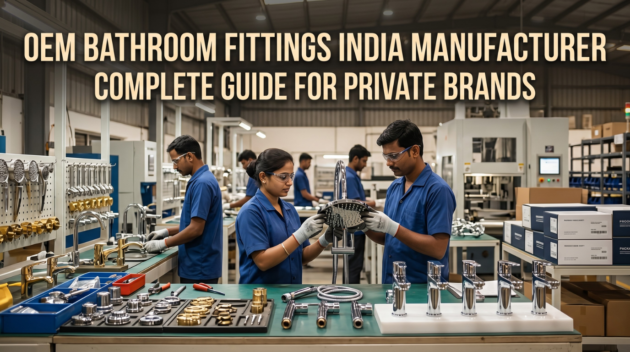 OEM bathroom fittings India manufacturer producing custom faucets and bathroom accessories in a modern factory