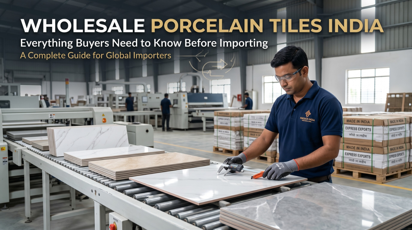 Wholesale porcelain tiles India displayed in a modern showroom with polished and matte tile collections